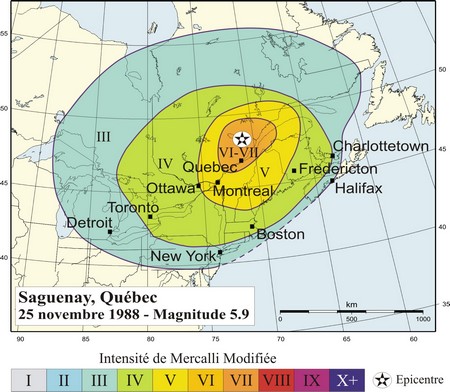 Carte des isoseistes pour le seisme de Saguenay