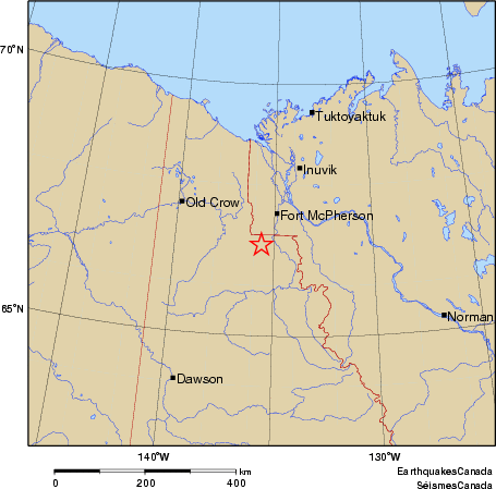 Community Internet Intensity Map for the magnitude 4.1 earthquake on 2010/07/11 at 06:22:39 PDT, 77 km SW  of Fort McPherson, NT