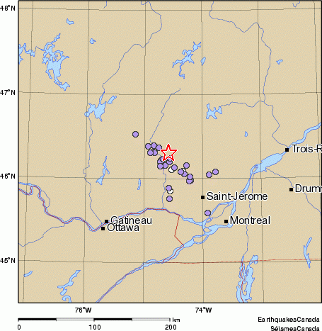 Community Internet Intensity Map for the magnitude 3.3 earthquake on 2010/09/19 at 12:47:29 EDT, 27 km ESE of L'Annonciation, QC