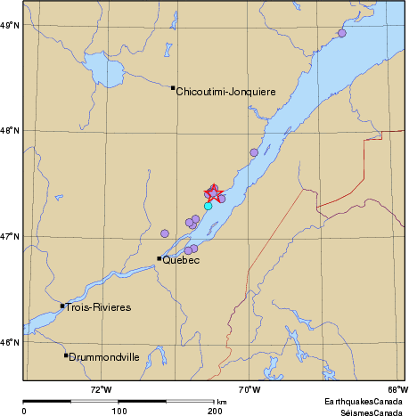 Community Internet Intensity Map for the magnitude 3.0 earthquake on 2010/10/28 at 19:06:09 EDT, 2 km SE  of Baie-Saint-Paul, QC