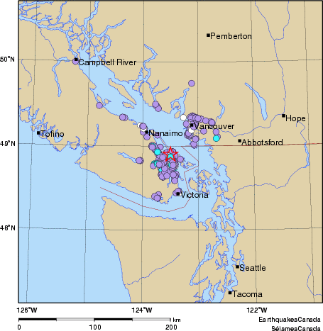 Community Internet Intensity Map for the magnitude 2.9 earthquake on 2011/02/15 at 06:47:41 PST, 19 km ENE of Duncan, BC