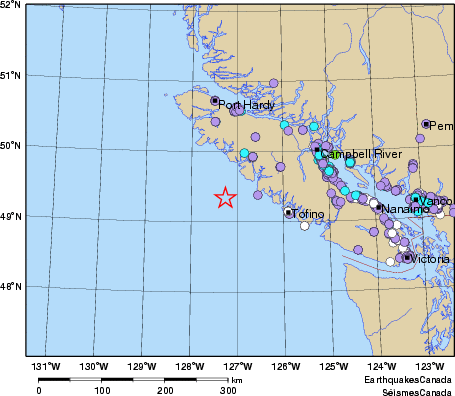 Community Internet Intensity Map for the magnitude 6.3 earthquake on 2011/09/09 at 12:41:30 PDT, 91 km WSW of Gold River, BC