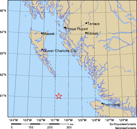 Community Internet Intensity Map for the magnitude 4.6 earthquake on 2012/01/13 at 11:46:04 PST, 215 km WSW of Bella Bella, BC - offshore