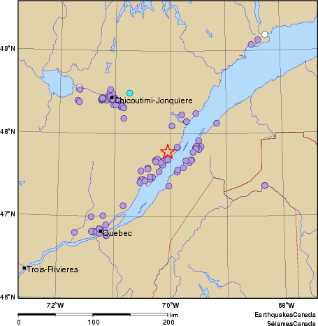 Community Internet Intensity Map for the magnitude 4.4 earthquake on 2012/12/12 at 12:45:05 UTC, 16 km NE  of La Malbaie, QC for the magnitude 4.4 earthquake on 2012-12-12 at 12:46:05 EST, 16 km NE  of La Malbaie, QC - felt  