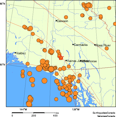 Map of historical earthquakes magnitude 5.0 and larger. Details in the data table below
