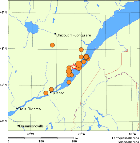 Map of historical earthquakes magnitude 5.0 and larger. Details in the data table below