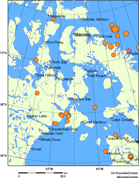 Map of historical earthquakes magnitude 5.0 and larger. Details in the data table below