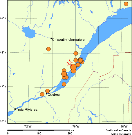 Map of historical earthquakes magnitude 5.0 and larger. Details in the data table below