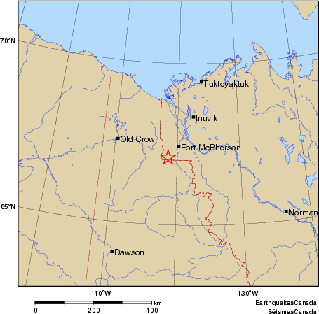 Community Internet Intensity Map for the magnitude 4.0 earthquake on 2010/12/01 at 01:59:52 MST, 53 km WSW of Fort McPherson, NT