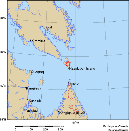 Community Internet Intensity Map for the magnitude 4.2 earthquake on 2011/07/25 at 09:11:47 EDT, 30 km N   of Resolution Island, NU