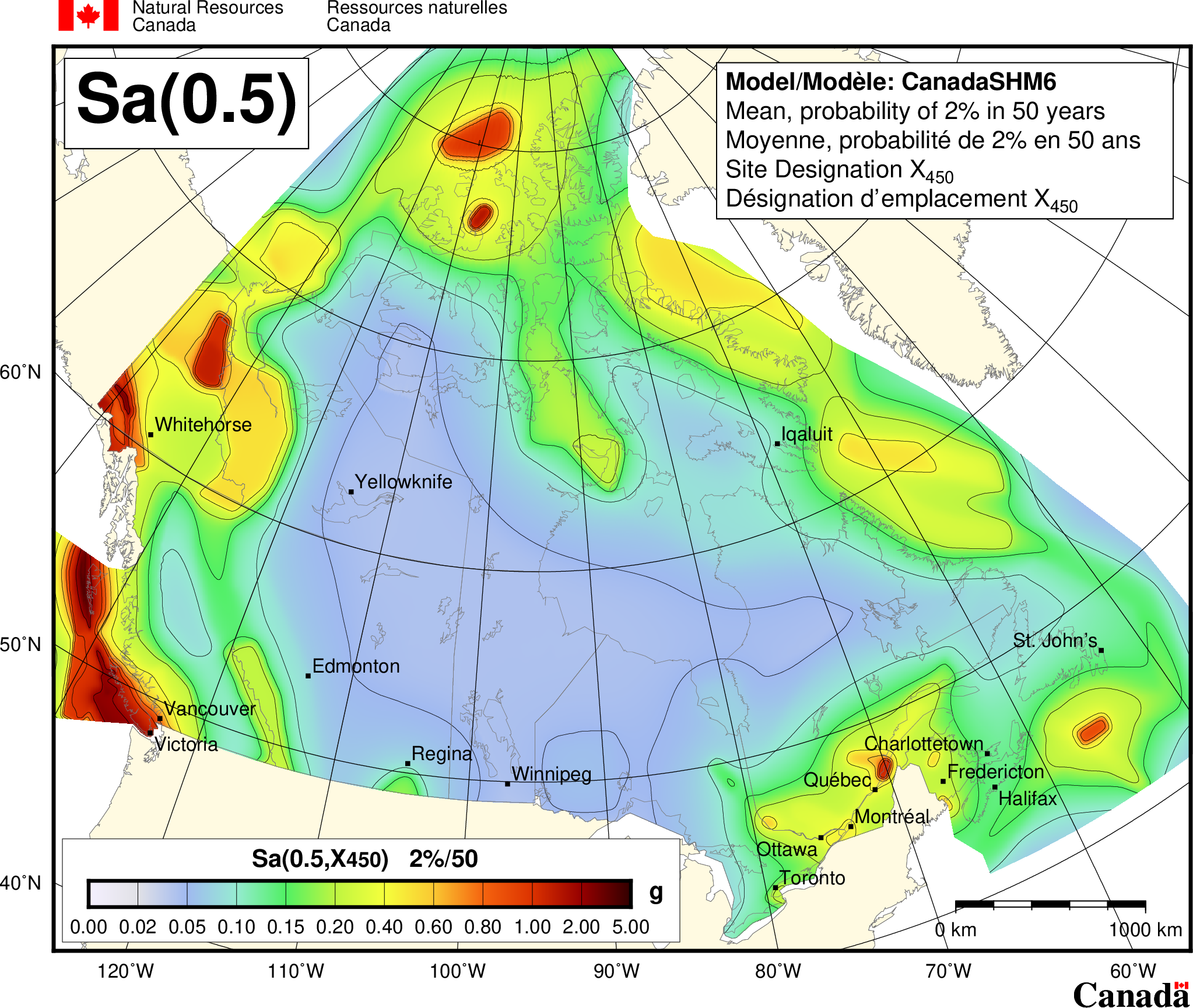 2020 NBCC seismic hazard map - Sa(0.5)