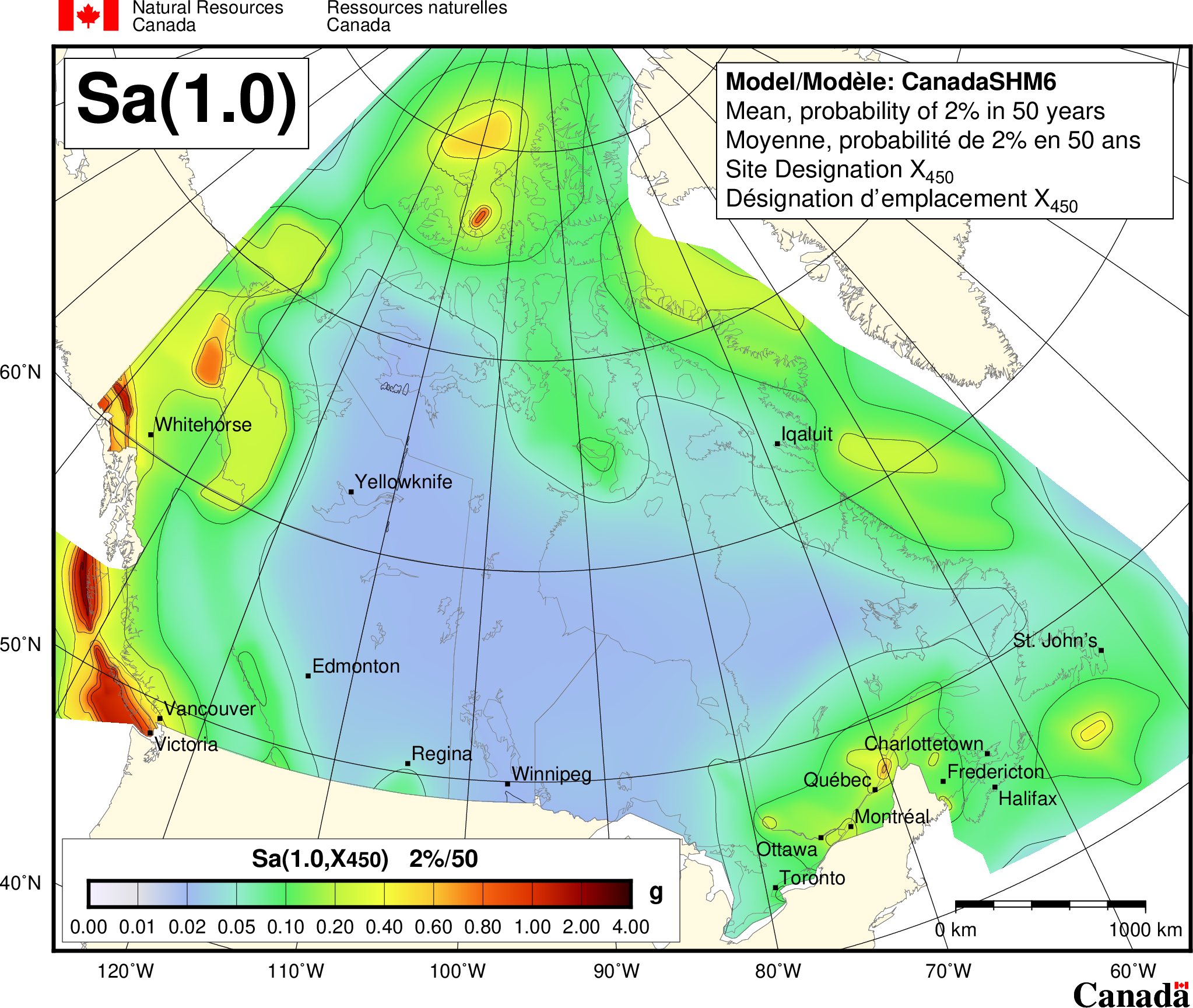 2020 NBCC seismic hazard map - Sa(1.0)