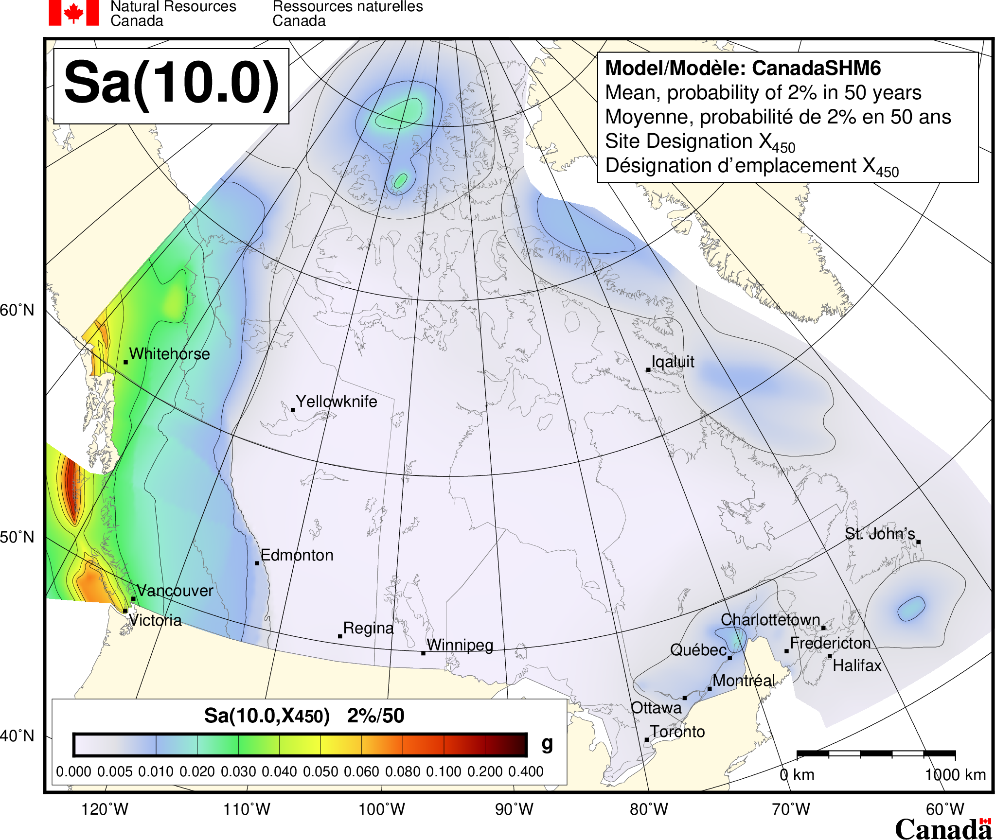 2020 NBCC seismic hazard map - Sa(10.0)