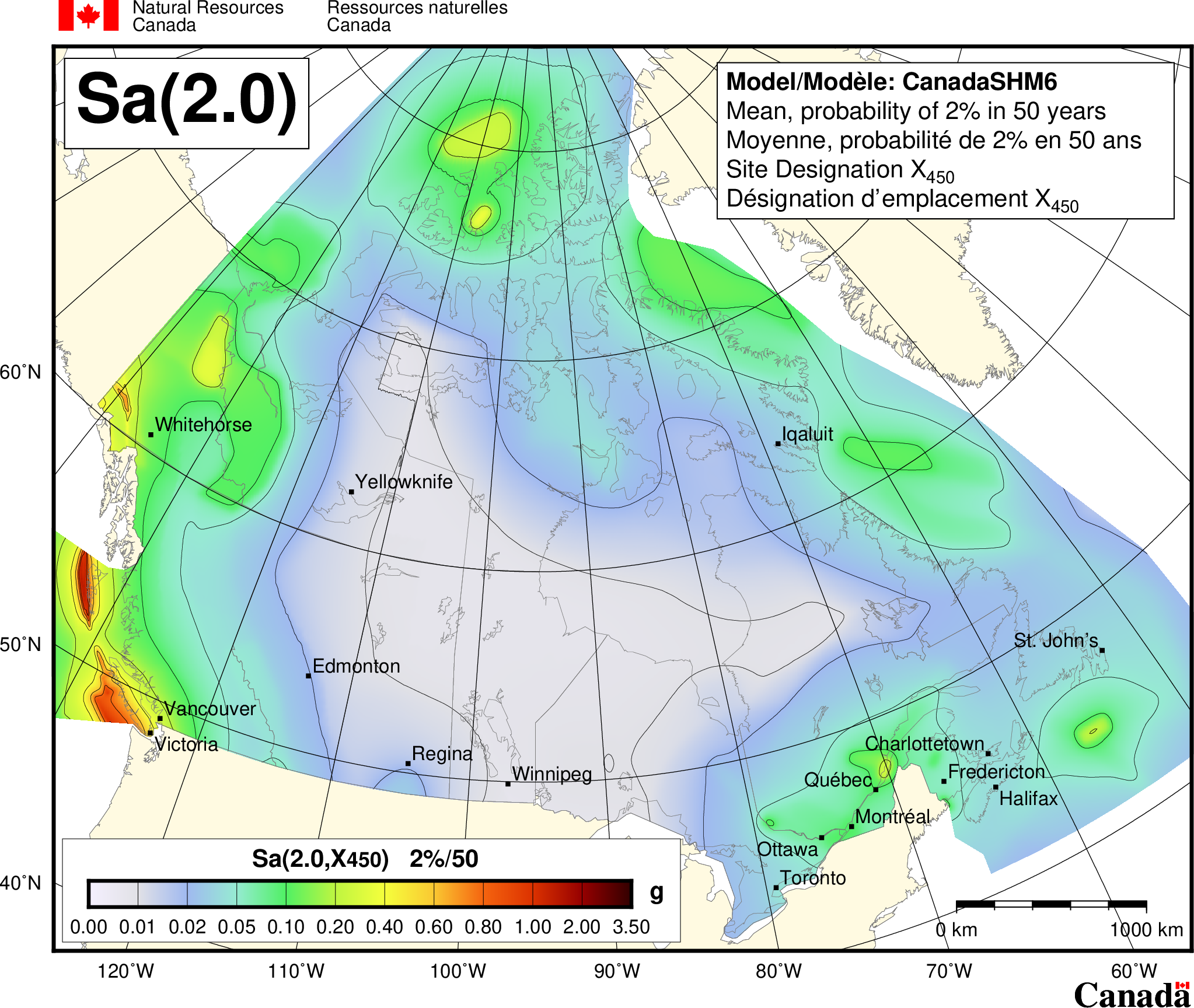 2020 NBCC seismic hazard map - Sa(2.0)