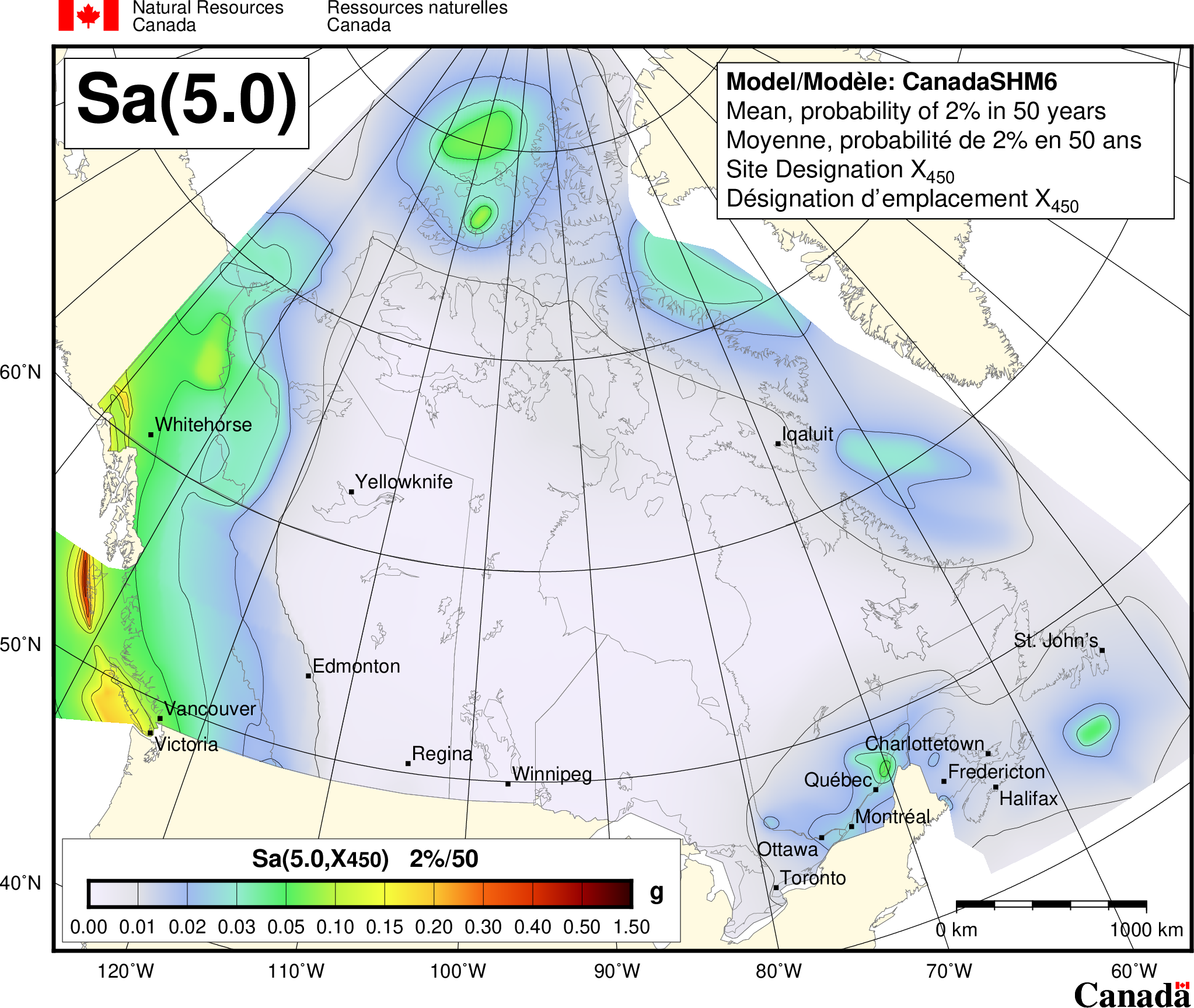 2020 NBCC seismic hazard map - Sa(5.0)