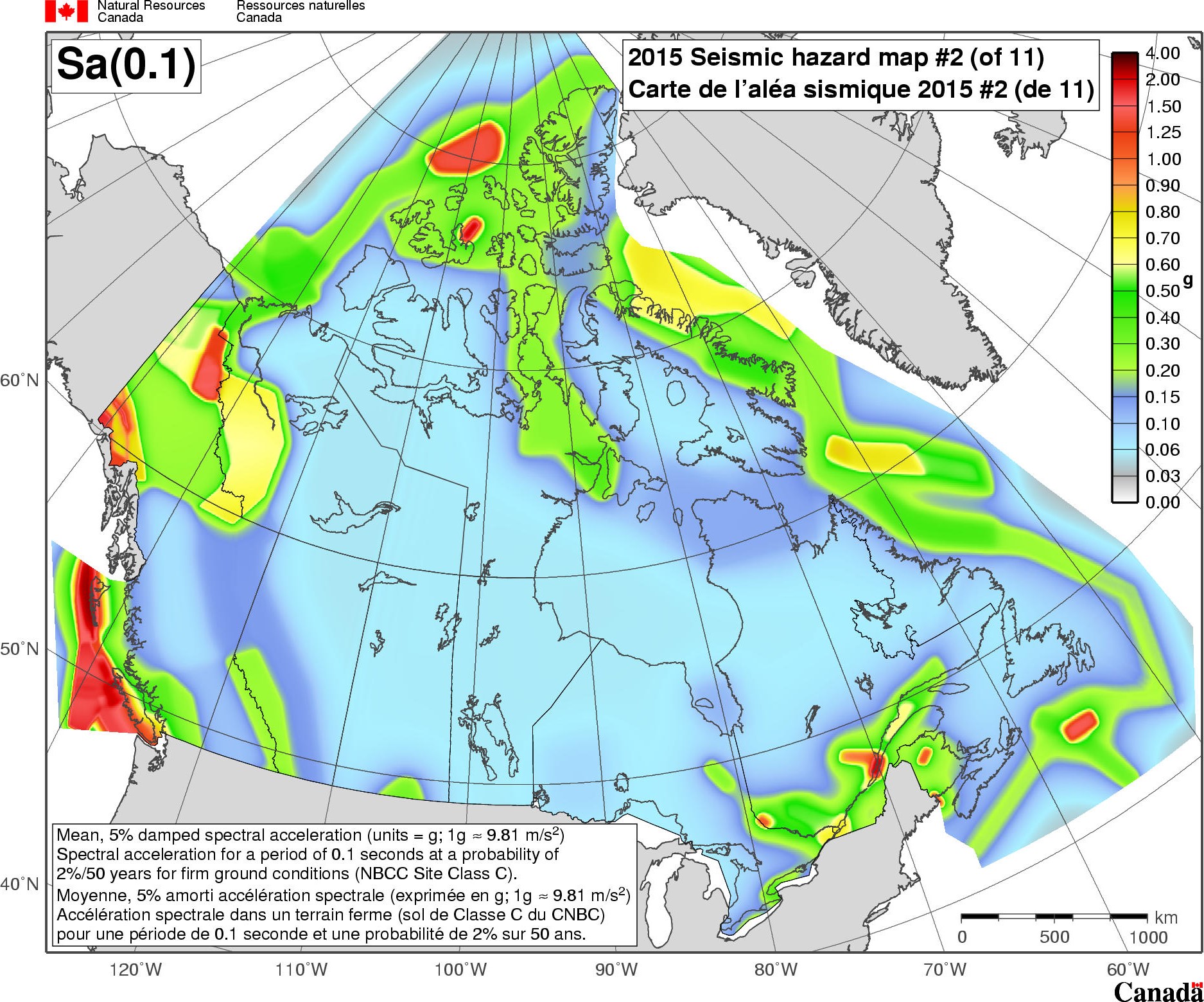 2015 NBCC seismic hazard map - Sa(0.1)