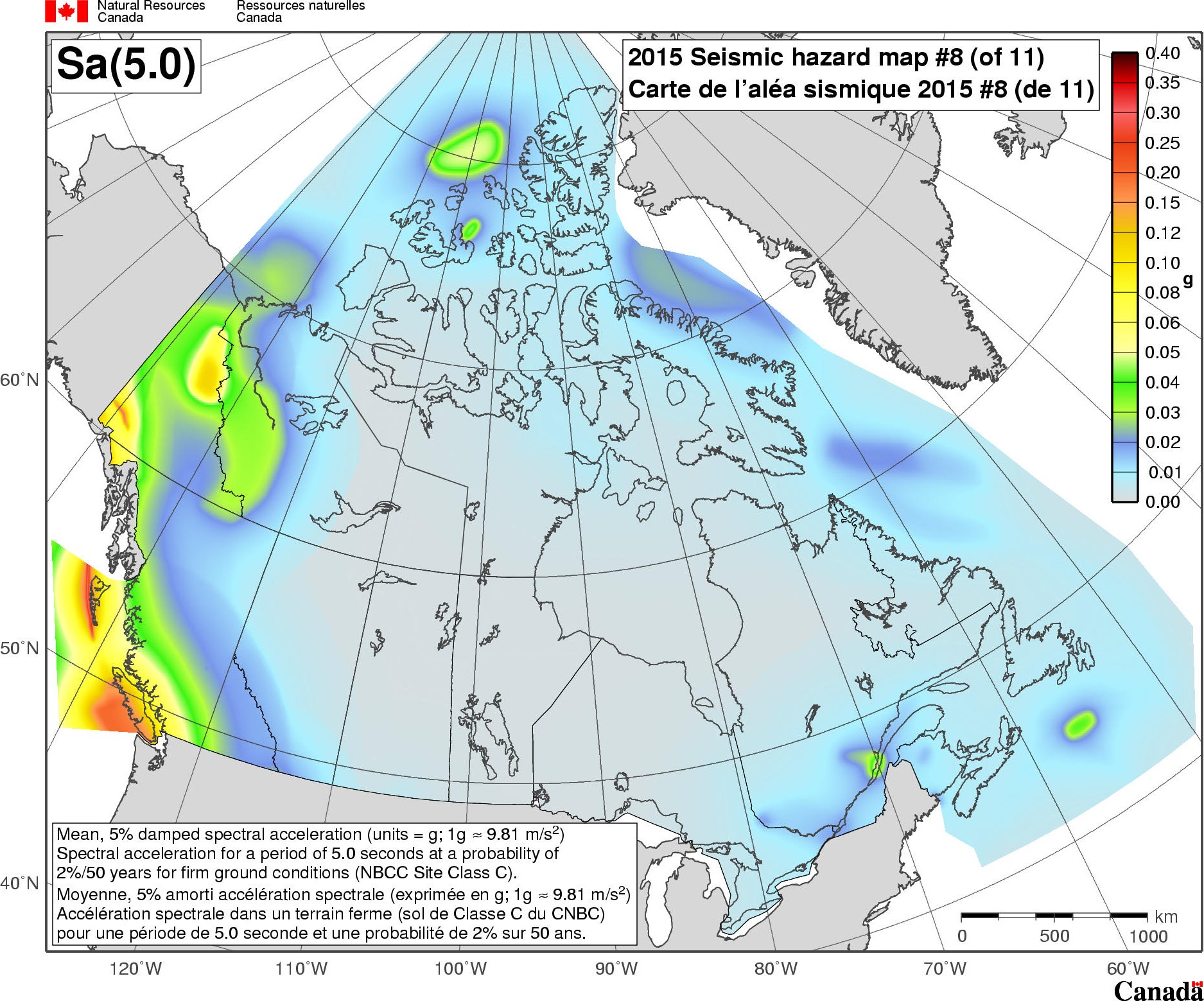 2015 NBCC seismic hazard map - Sa(5.0)