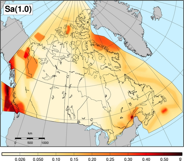 Carte de l'aléa sismique du CNBC 2010 - Sa(1.0)