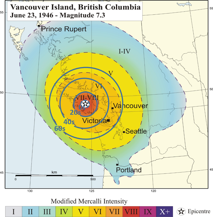 1946 map: Magnitude 7.3 earthquake with theoretical warning times