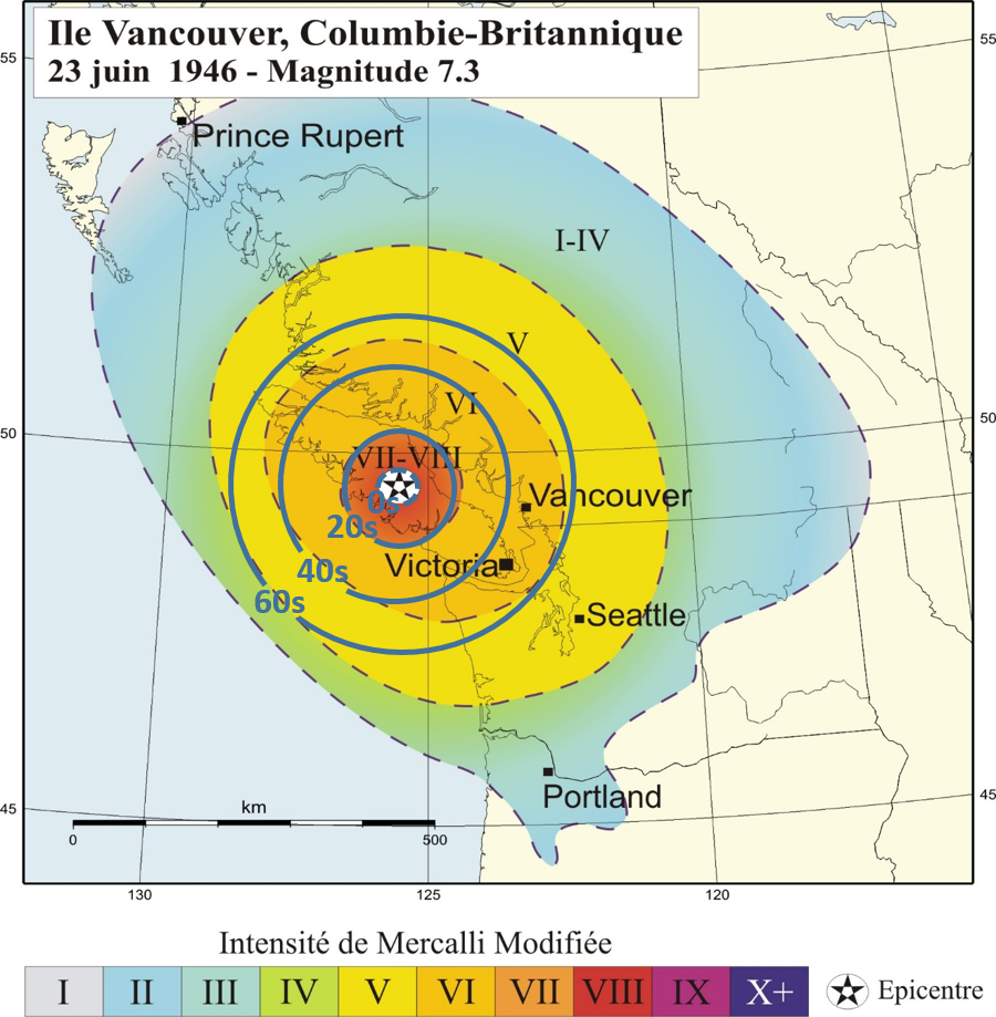 carte de 1946: s&eacute;isme de magnitude 7,3 avec temps d'alerte th&eacute;orique
