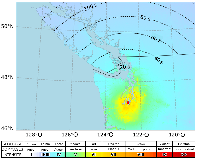 carte des d&eacute;lais d&rsquo;avertissement th&eacute;oriques pour l&rsquo;emplacement du s&eacute;isme de Nisqually (&eacute;toile rouge)
