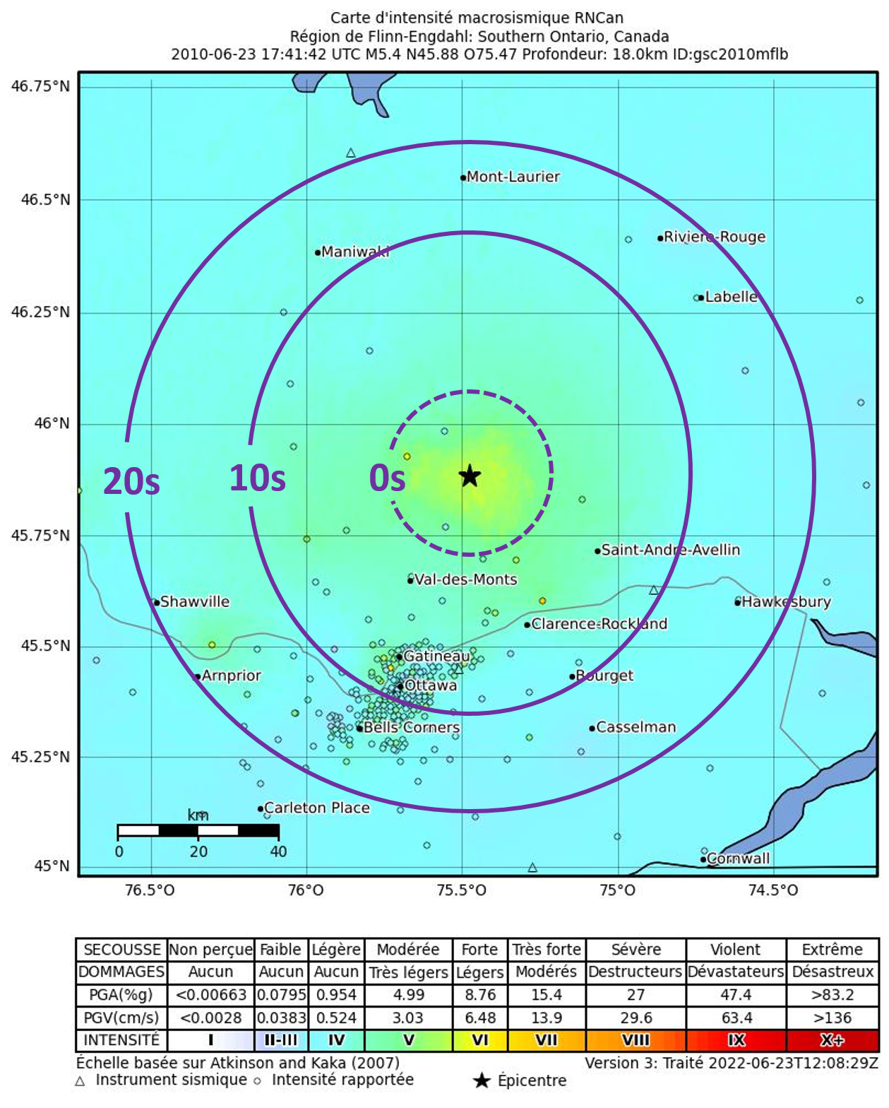 carte des temps d'ASP pour un s&eacute;isme pr&egrave;s de Val-des-Bois