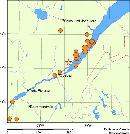 carte des séismes historiques de magnitude 5,0 et plus. Détails dans le tableau de données ci-dessous