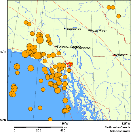 Map of historical earthquakes magnitude 5.0 and larger. Details in the data table below