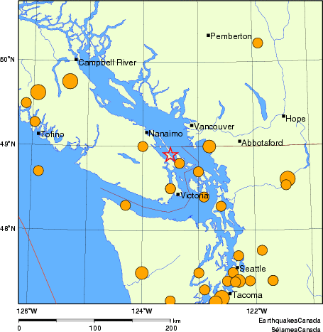 Map of historical earthquakes magnitude 5.0 and larger. Details in the data table below