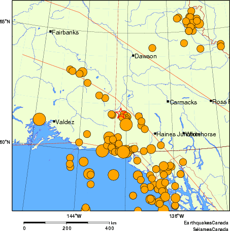 Map of historical earthquakes magnitude 5.0 and larger. Details in the data table below