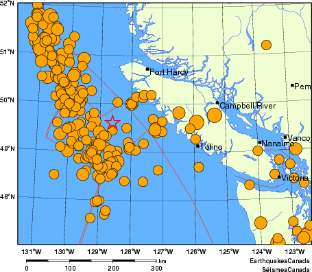 Map of historical earthquakes magnitude 5.0 and larger. Details in the data table below