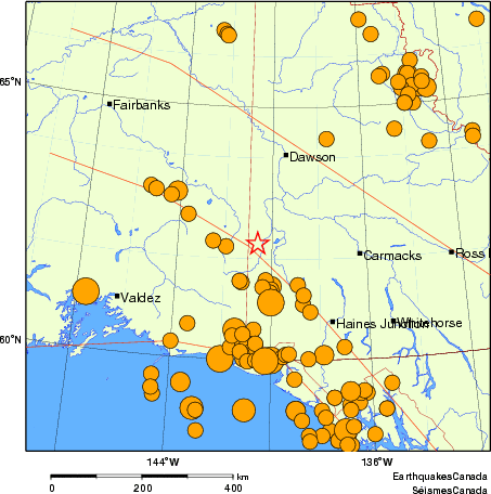 Map of historical earthquakes magnitude 5.0 and larger. Details in the data table below