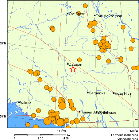 Map of historical earthquakes magnitude 5.0 and larger. Details in the data table below