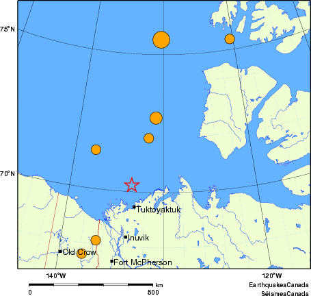 Map of historical earthquakes magnitude 5.0 and larger. Details in the data table below