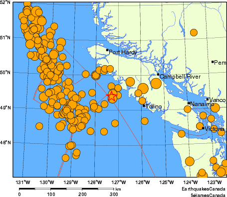 Map of historical earthquakes magnitude 5.0 and larger. Details in the data table below