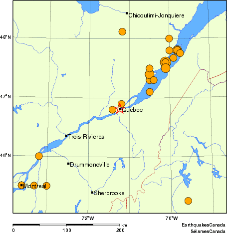 Map of historical earthquakes magnitude 5.0 and larger. Details in the data table below