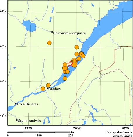 carte des séismes historiques de magnitude 5,0 et plus. Détails dans le tableau de données ci-dessous