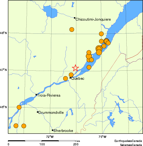 carte des séismes historiques de magnitude 5,0 et plus. Détails dans le tableau de données ci-dessous