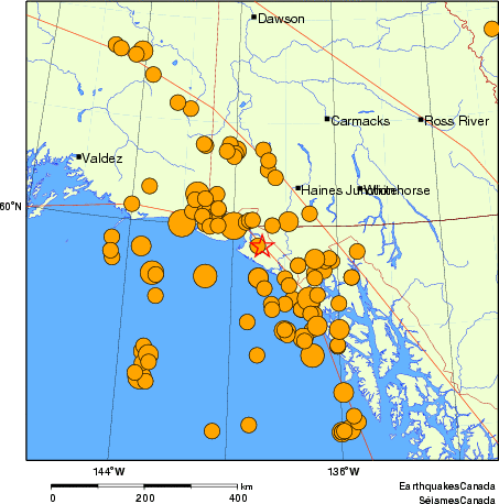 carte des séismes historiques de magnitude 5,0 et plus. Détails dans le tableau de données ci-dessous