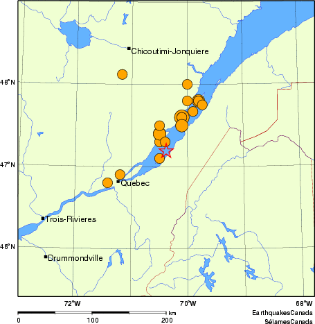 carte des séismes historiques de magnitude 5,0 et plus. Détails dans le tableau de données ci-dessous