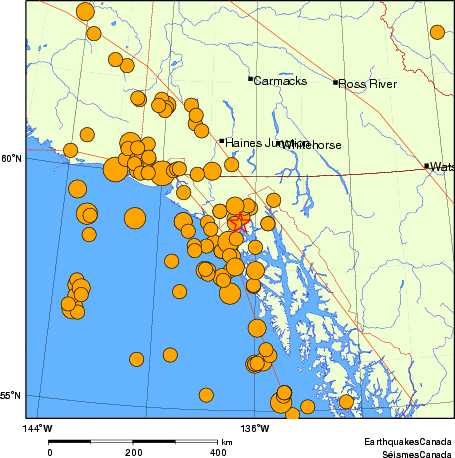 carte des séismes historiques de magnitude 5,0 et plus. Détails dans le tableau de données ci-dessous