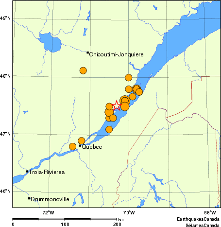 carte des séismes historiques de magnitude 5,0 et plus. Détails dans le tableau de données ci-dessous