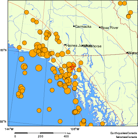 carte des séismes historiques de magnitude 5,0 et plus. Détails dans le tableau de données ci-dessous