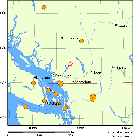 Map of historical earthquakes magnitude 5.0 and larger. Details in the data table below