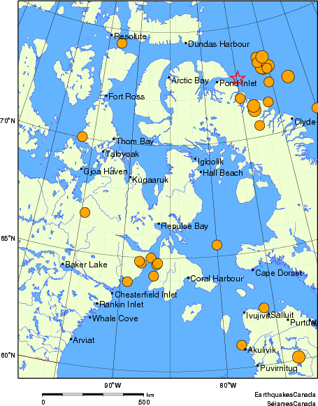 Map of historical earthquakes magnitude 5.0 and larger. Details in the data table below