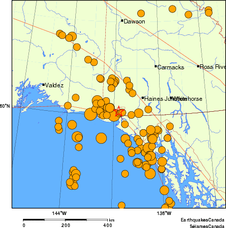 Map of historical earthquakes magnitude 5.0 and larger. Details in the data table below