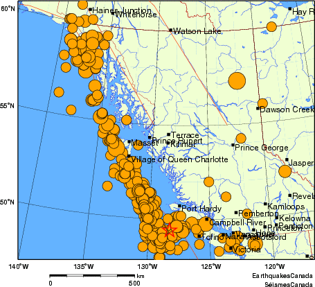 Map of historical earthquakes magnitude 5.0 and larger. Details in the data table below