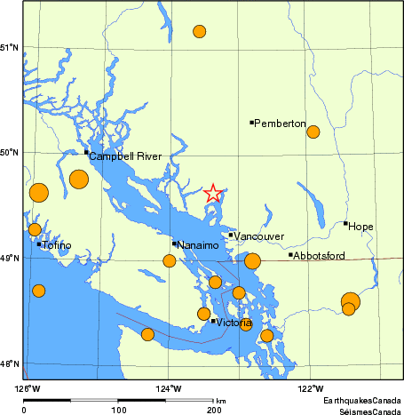 Map of historical earthquakes magnitude 5.0 and larger. Details in the data table below