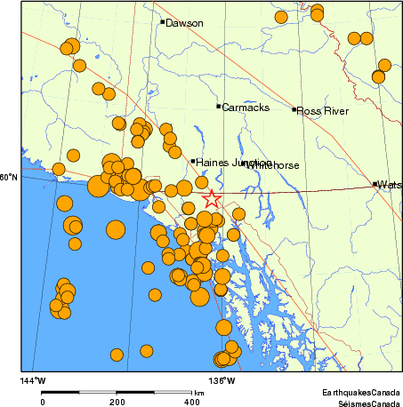 carte des séismes historiques de magnitude 5,0 et plus. Détails dans le tableau de données ci-dessous