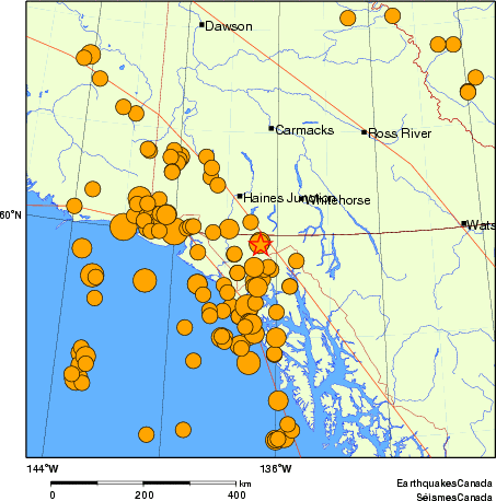carte des séismes historiques de magnitude 5,0 et plus. Détails dans le tableau de données ci-dessous